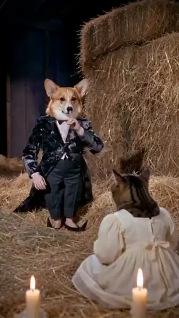 Corgi dancer, cat onlooker. Played above. Tip toeing in my Jordans meme example: a corgi in a velvet tailcoat shushing in the straw barn