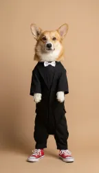 Owner-generated tip toe meme video, Input photos: Corgi + surprised cat